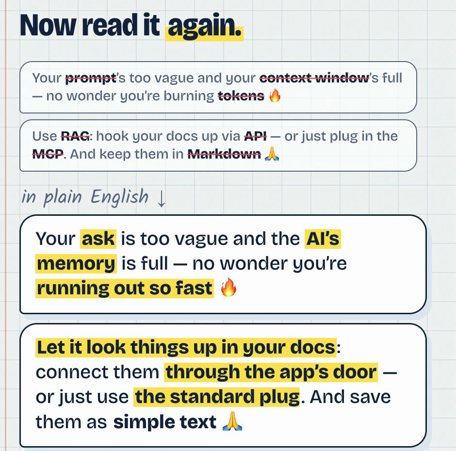 The same message, translated: your ask is too vague and the AI's memory is full, no wonder you're running out so fast. Let it look things up in your docs: connect them through the app's door, or just use the standard plug. And save them as simple text.