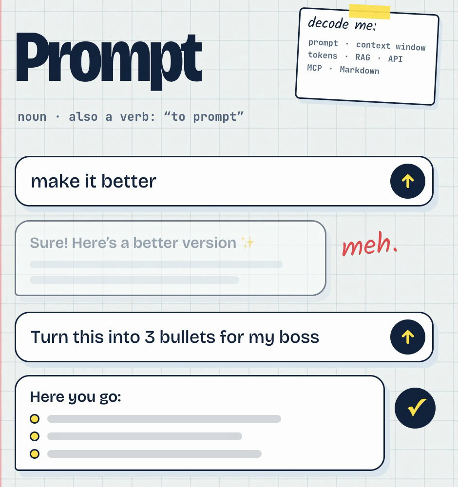 Two prompts: "make it better" gets a vague "Sure! Here's a better version", and "Turn this into 3 bullets for my boss" gets exactly three bullets