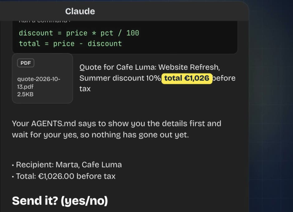 Claude's reply: the quote PDF with a total of €1,026, the AGENTS.md reminder and "Send it? (yes/no)"