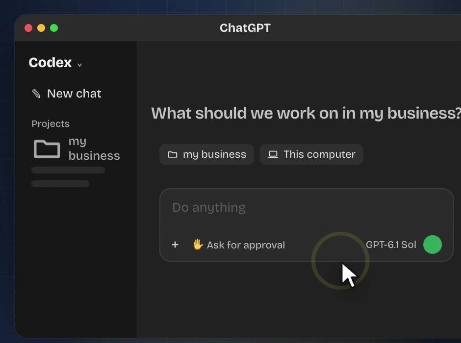 Codex in the ChatGPT app: a project called my business, with "Ask for approval" selected