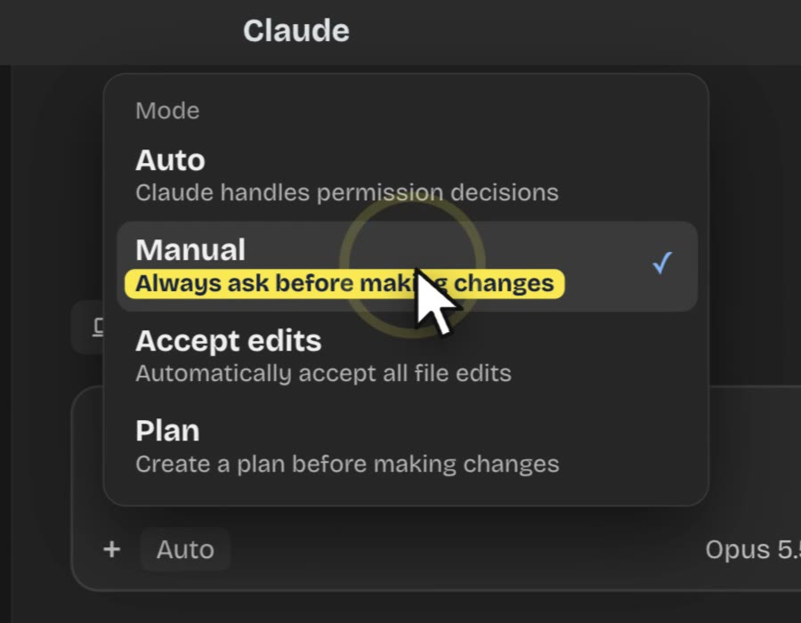 The mode menu: Auto, Manual (always ask before making changes), Accept edits and Plan