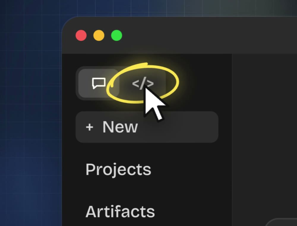 Claude's sidebar, with the chat button and the </> code button circled