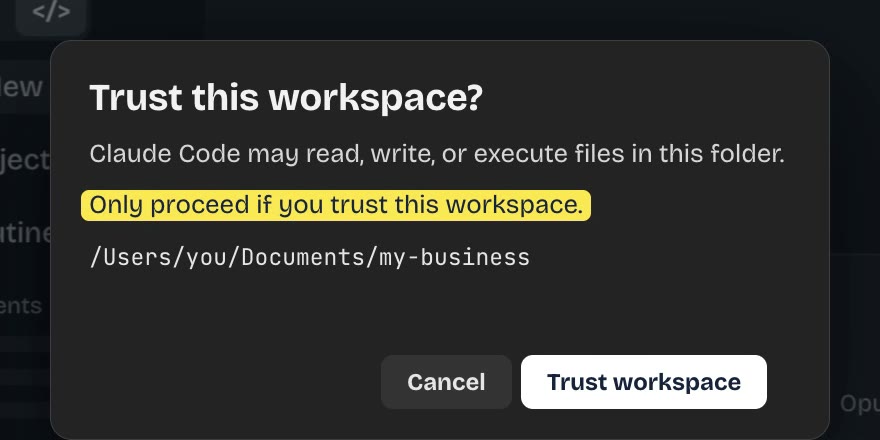 Trust this workspace? Claude Code may read, write, or execute files in this folder. Only proceed if you trust this workspace.